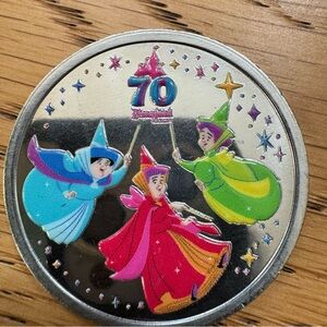 DISNEYLAND 70TH ANNIVERSARY SILVER TONE FAIRY GODMOTHERS COLOR MEDALLION COIN